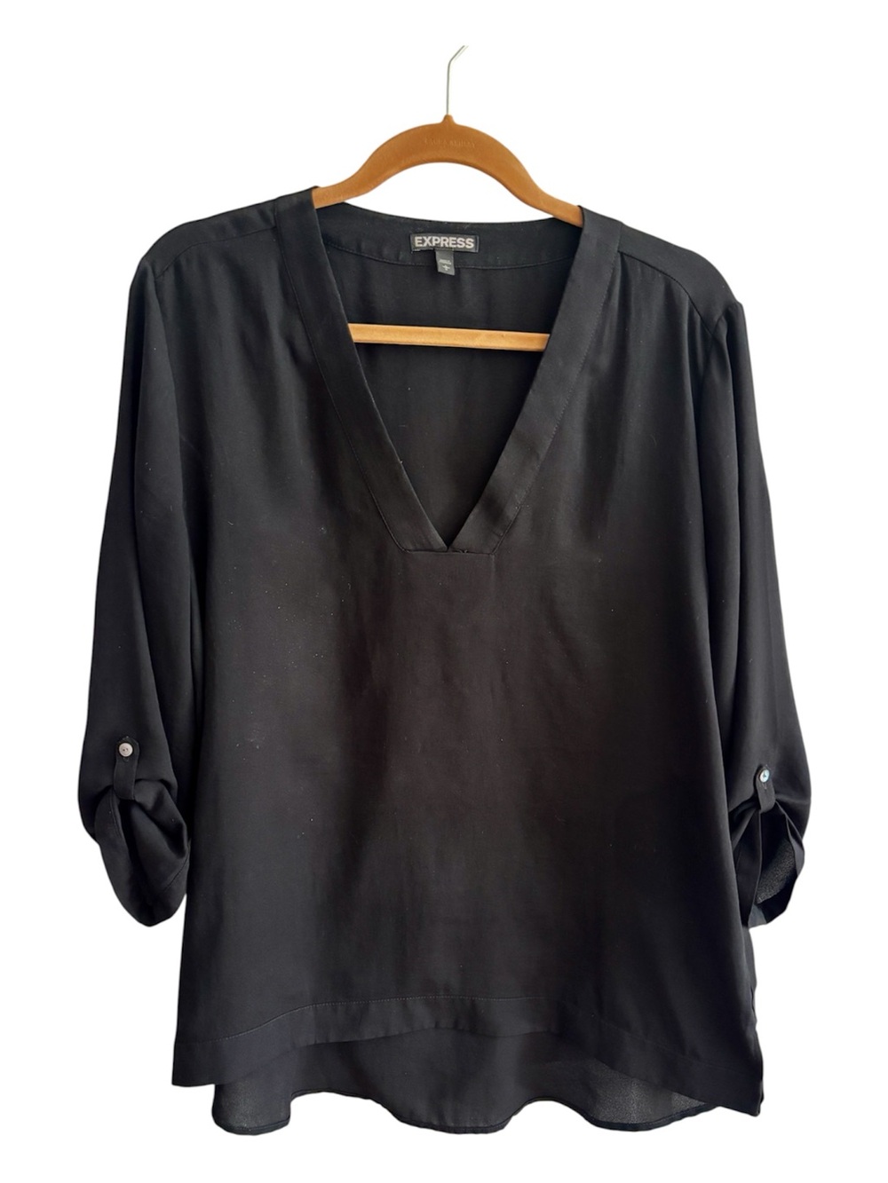 Express Black V-Neck Roll-Tab Sleeve Tunic Blouse
